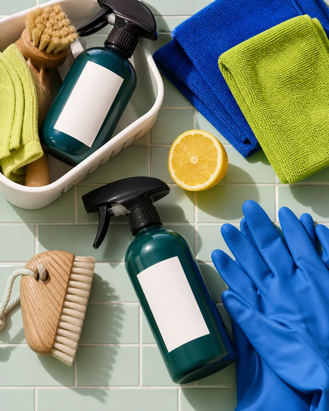 A neatly organized set of cloths, brushes, gloves, and cleaning bottles on mint tile